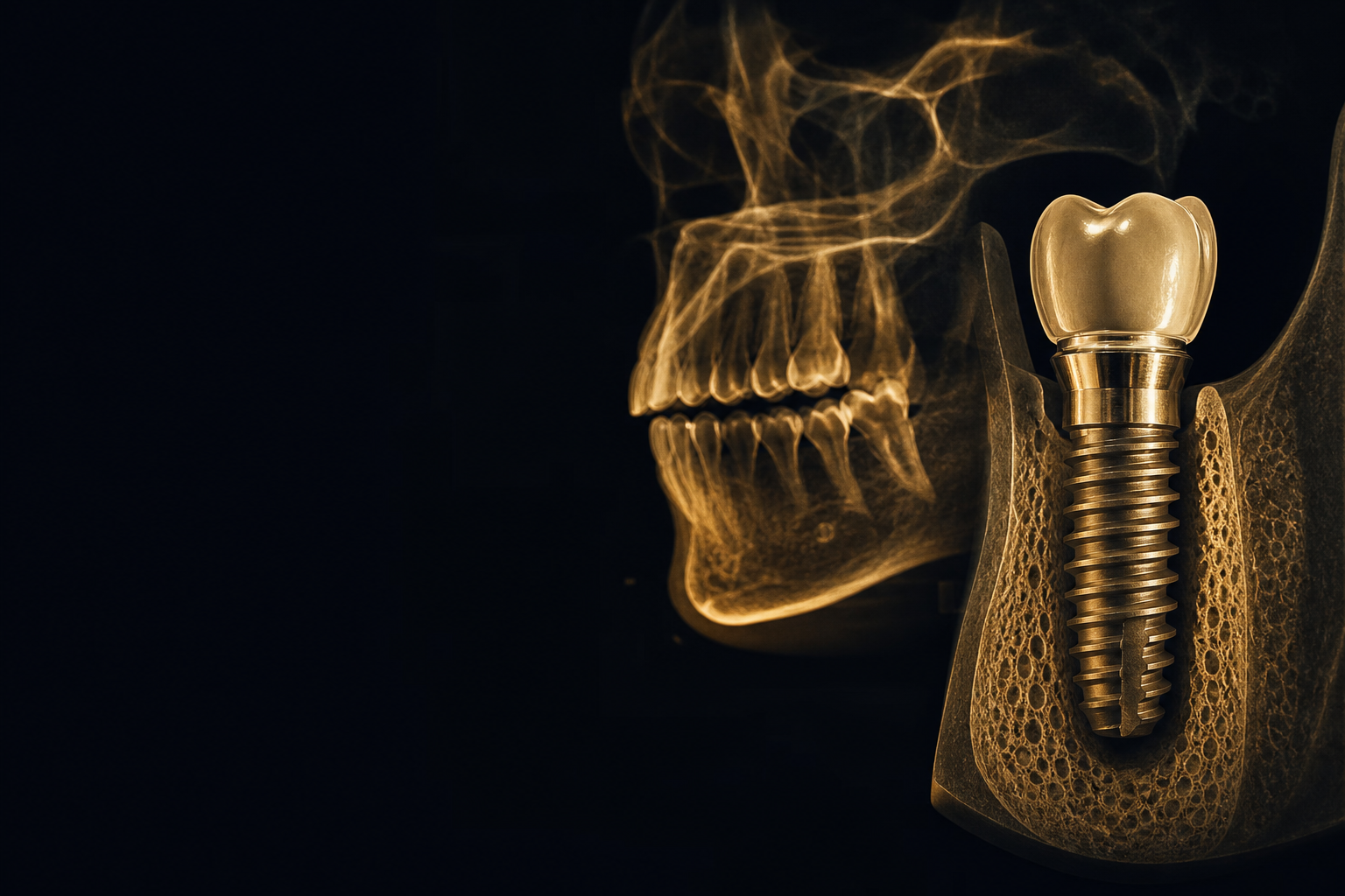 Imagen cinematográfica de implante dental y tomografía 3D dorada sobre fondo oscuro